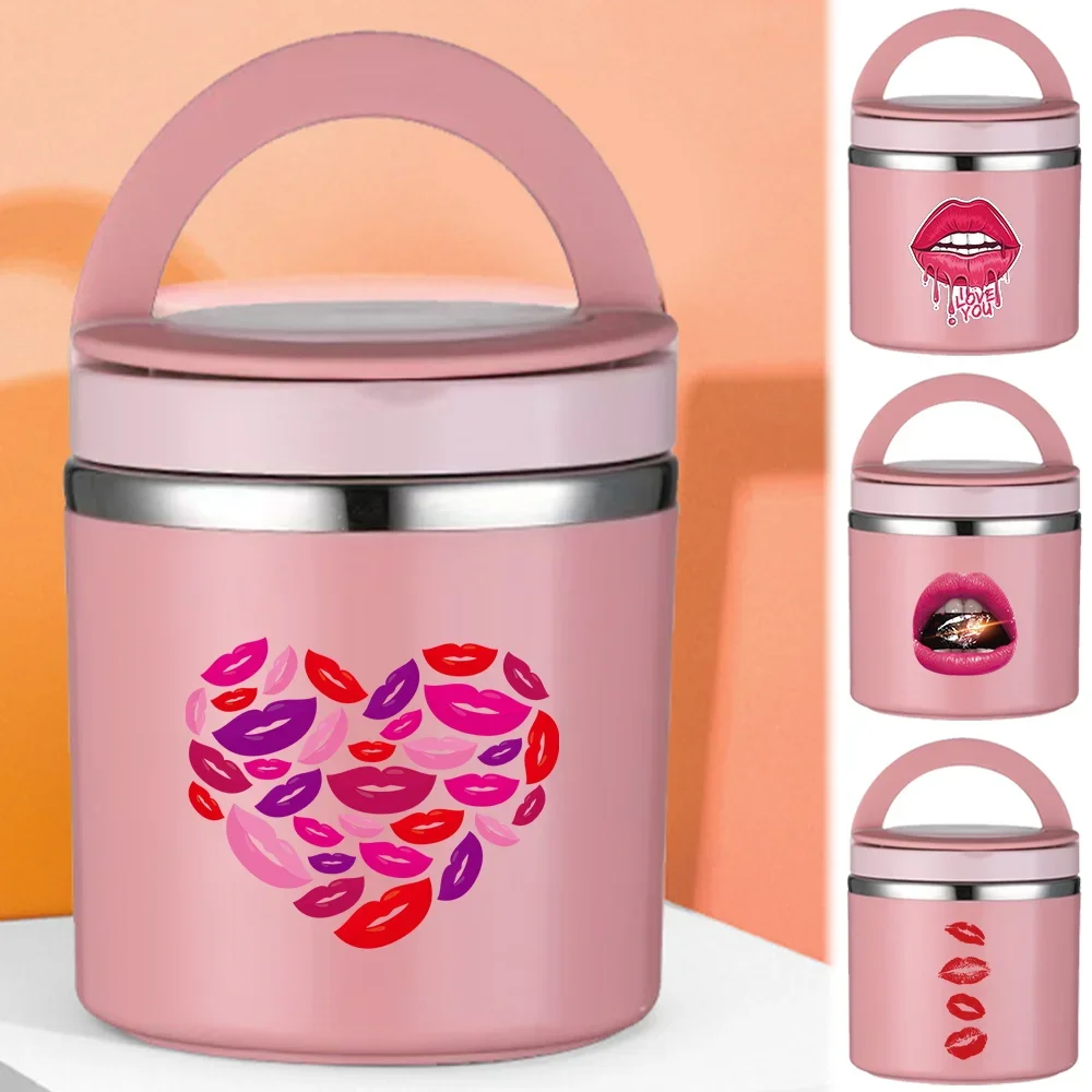 Mouth Print Solid Color Insulated Soup Cup Children School Student Office Bento Box Lightweight Single Layer Picnic Thermal Jar