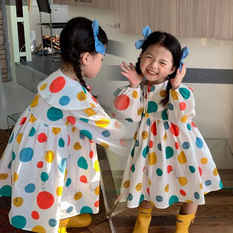 

Hnq-Children's Colorful Balloon Pattern Dress Autumn Girls' Long-Sleeved Lapel Skirt Children Shirt3-8Children's Clothing One Pi