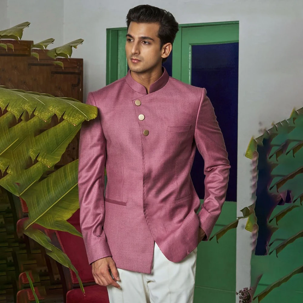 بدلات رجالية مخصصة فاخرة واحدة الصدر الوقوف التلبيب سليم صالح السترة أنيقة 2 قطعة سترة السراويل وتتسابق زي أوم