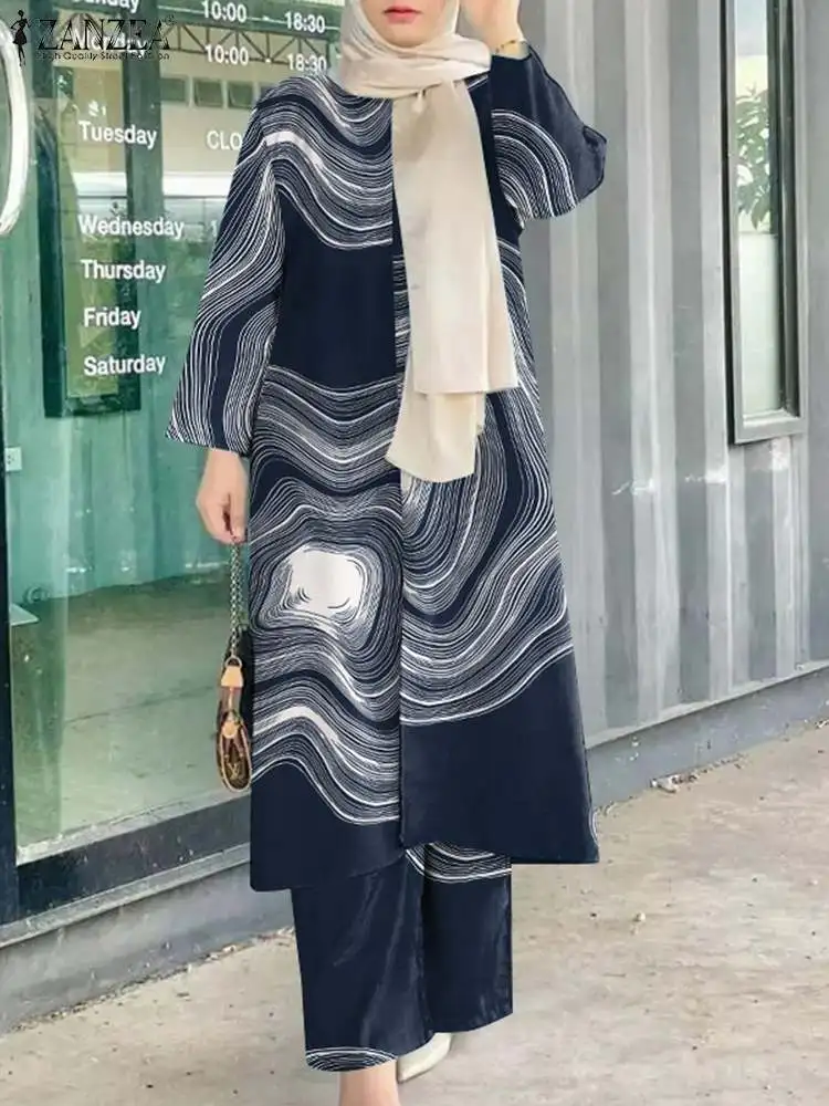 ZANZEA-Ensemble imprimé musulman pour femme, survêtement, tenue islamique, chemisier à manches longues, pantalon décontracté, Abaya imbibé, mode