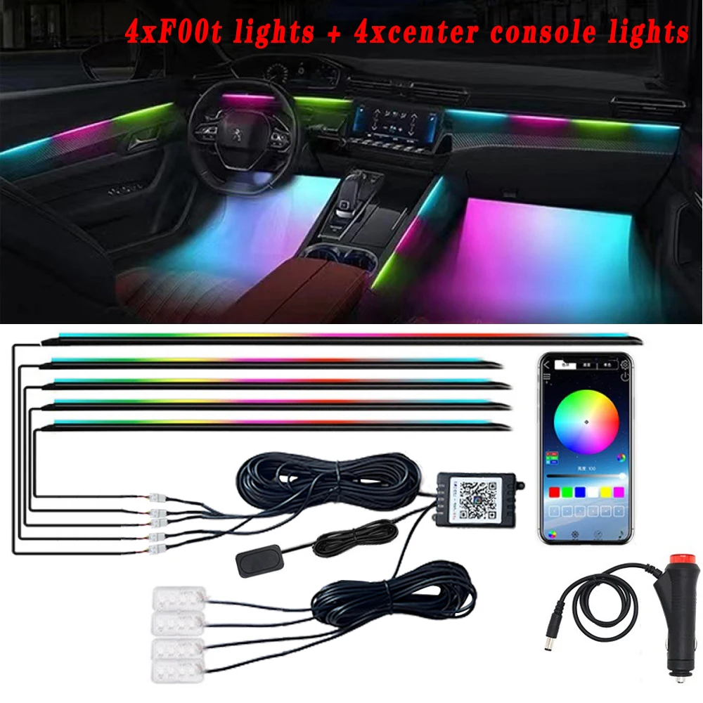 Universal Car Interior Atmosphere Lights 9(6) in 1 RGB Hidden Acrylic Strip Symphony  Lamps with APP control DC12V/USB 5V