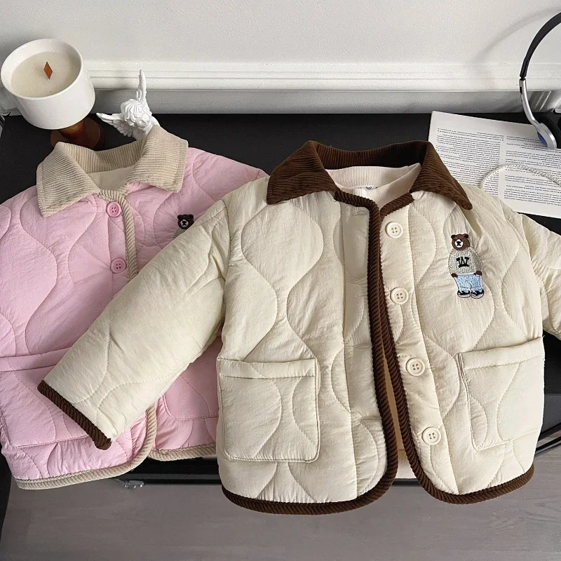 Cappotto per bambini inverno nuova versione coreana di ragazze cappotto imbottito ricamato con risvolto cappotto piccolo vestiti invernali per