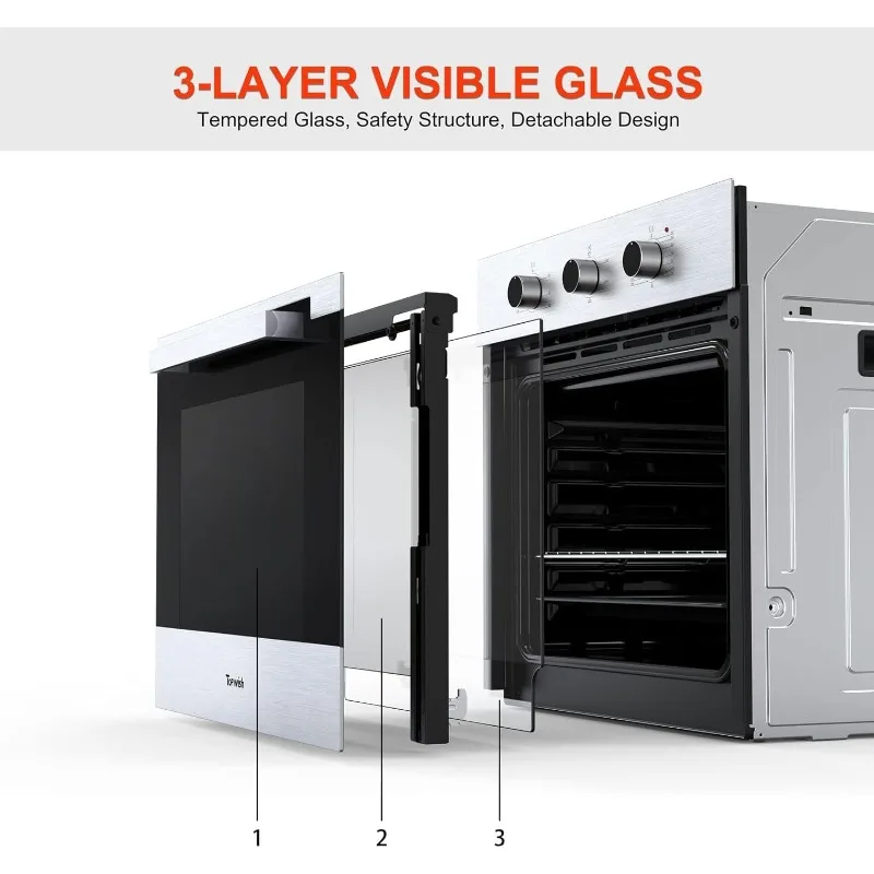 Horno de pared simple de 24", 2,3 pies cúbicos. Horno eléctrico de pared incorporado, 5 funciones de cocción, parrilla para hornear asado, control de perillas mecánicas