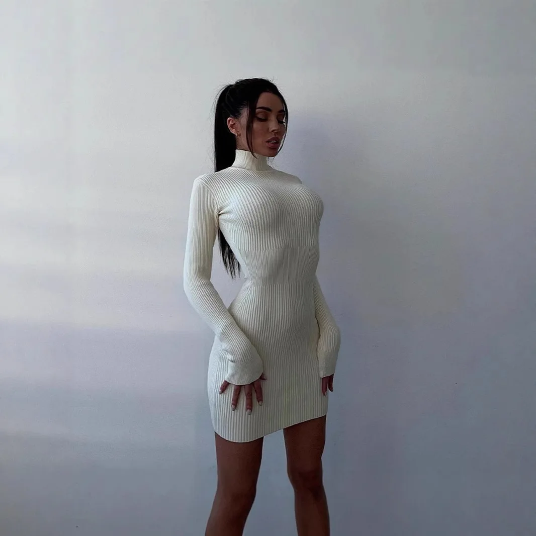 Vestido de tricô feminino 2025 outono inverno novo vestido de camisola de comprimento médio feminino preto gola alta vestido de malha fino para camadas