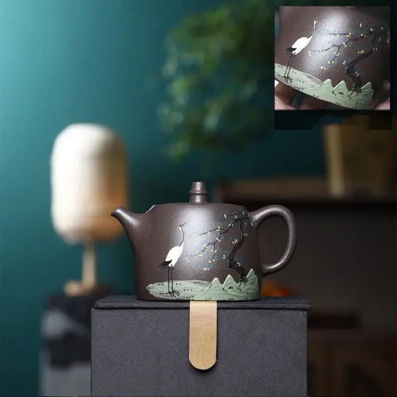 

Chinese Tea Pot Marked Handmade Real Yixing Zisha Purple Clay Pot Crane Relief