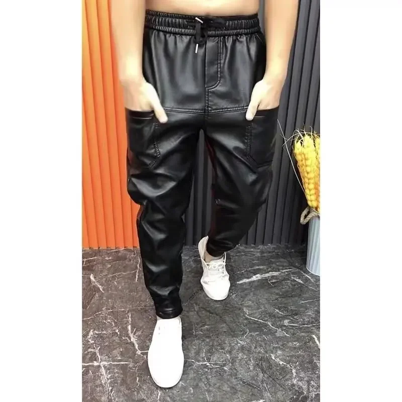 2023 men's PU leather pants elastic waist loose black streetwear slim fit motorcycle pants windproof men's clothing