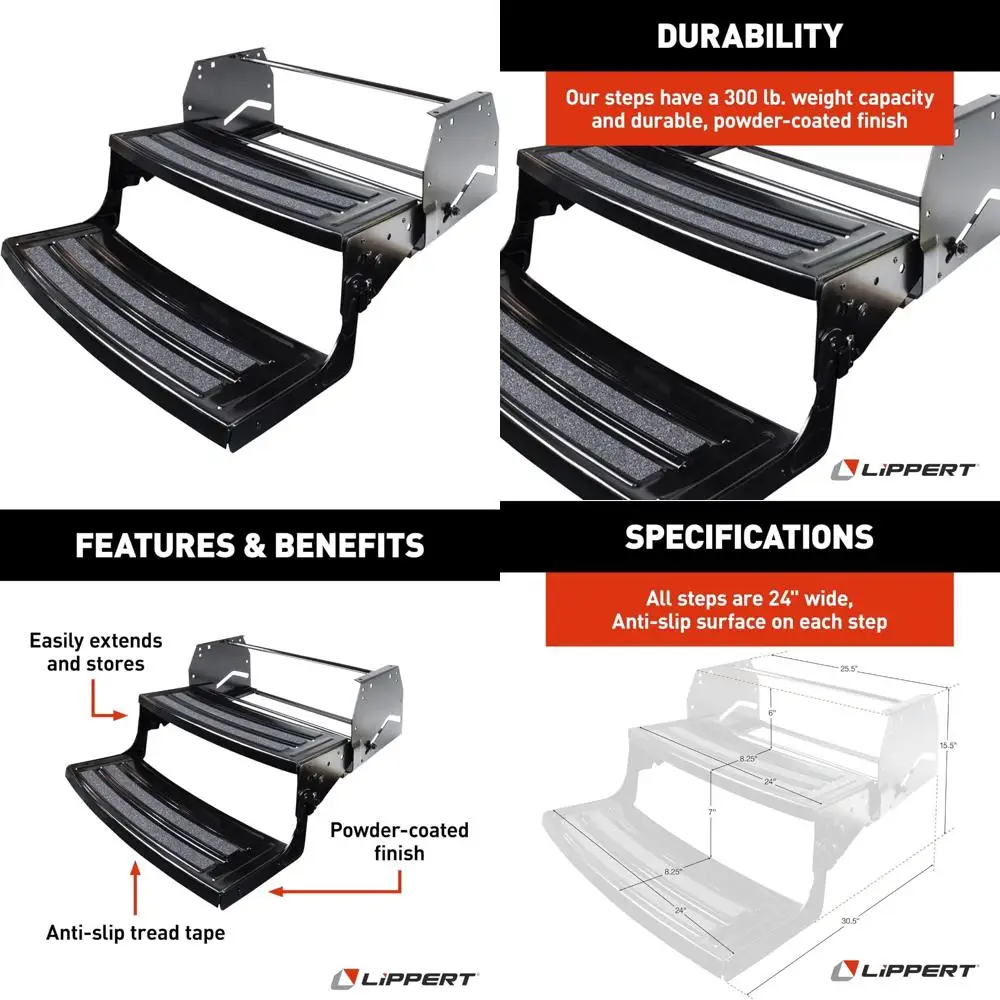 

24" dual manual rv step set, 8" height, 300 lbs capacity, anti-slip, easy fold, black