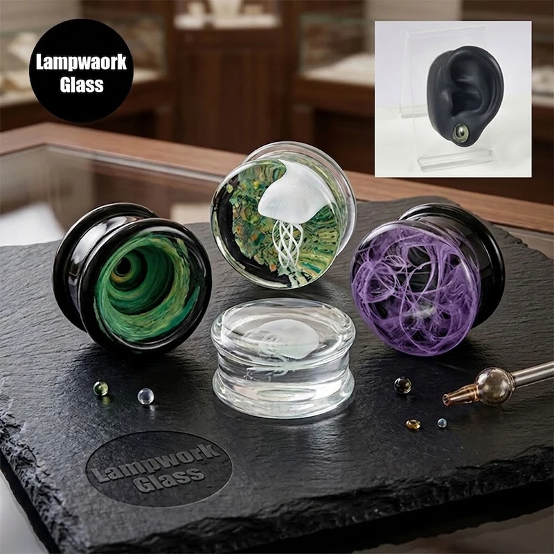 Jellyfish Glass Ear Tunnels Lampwork Swirl Flesh Plugs Double Flare Stretched Ear Gauges Premium Style Body Piercing Jewelry
