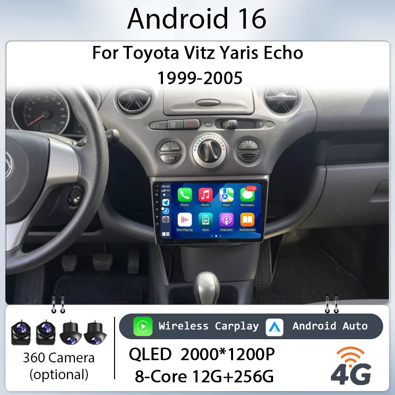 

9" Android 16 Wireless CarPlay GPS Navi BT WiFi DSP for Toyota Vitz Yaris Echo 1999-2005