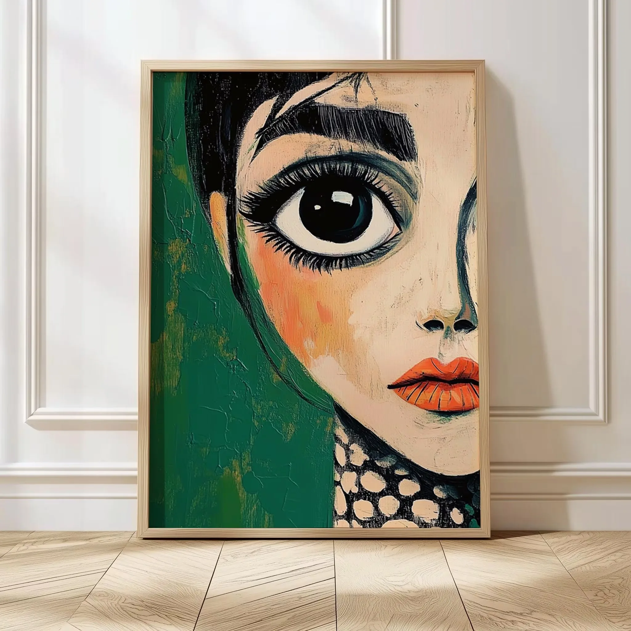 Abstract figure art,emerald green wall decor poster,stylish home decoration painting,minimalist portrait wall art,big eyes art
