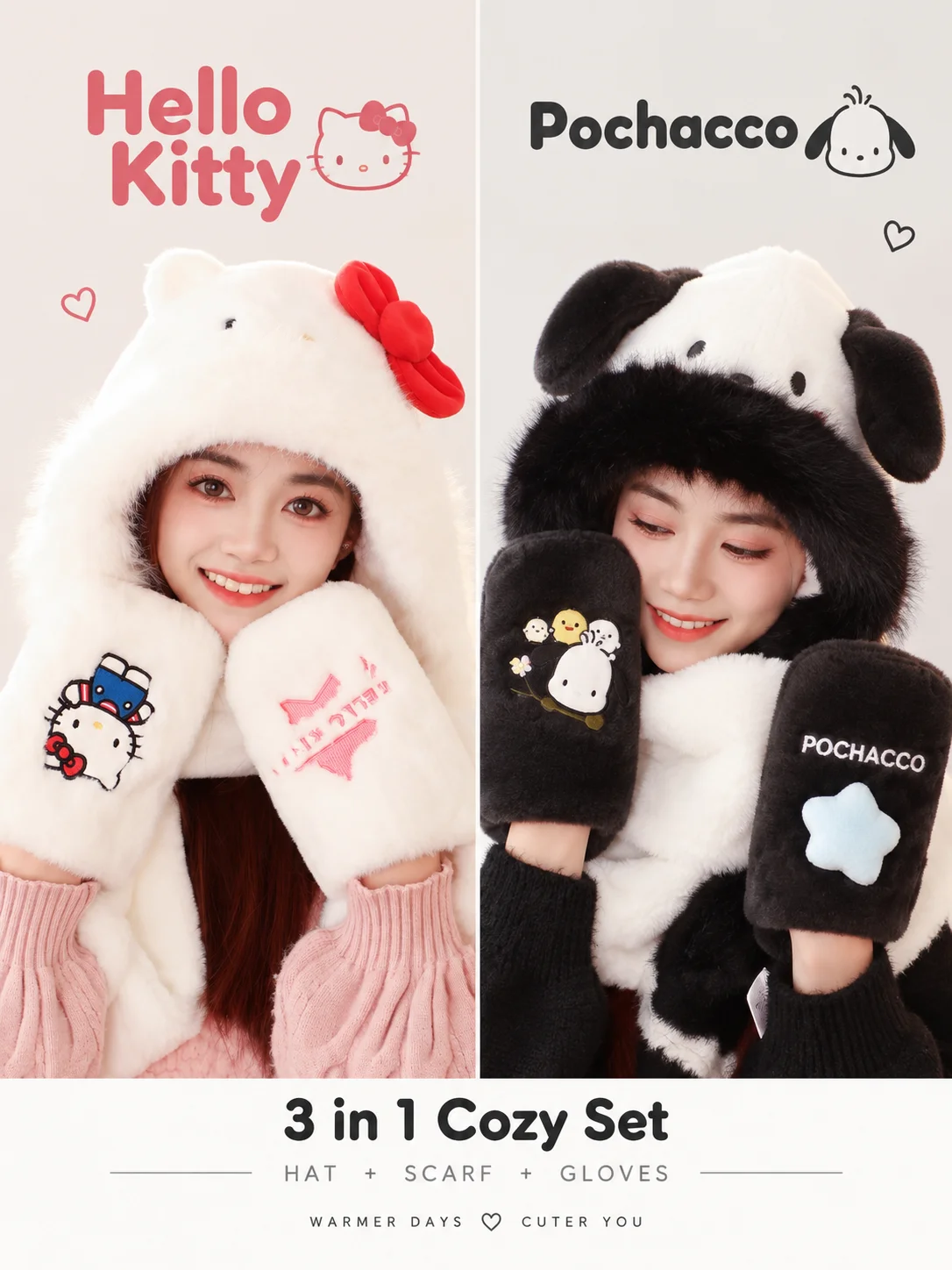 Sanrio Autumn Winter Thick Furry Warm 3-In-One Hat Scarf Glove Set Outdoor Cold Weather Halloween Cosplay Warm Costume Accessory - view 4