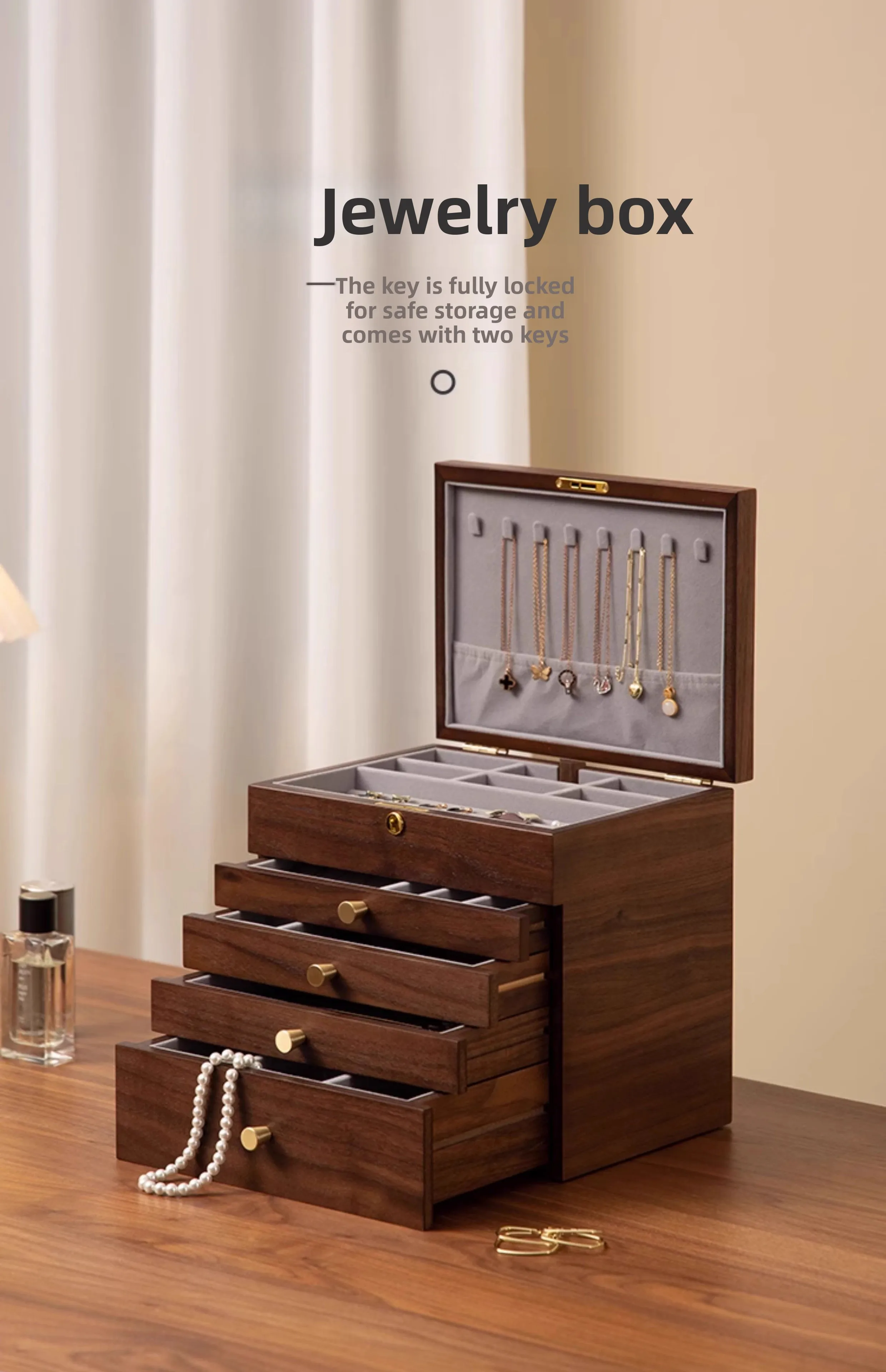 Caja de almacenamiento de joyas de madera con cerradura, joyero premium retro de gran capacidad, regalo de boda, joyero de oro.