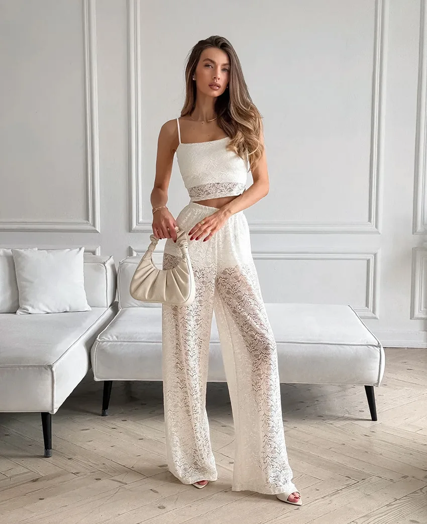 Spring Lace Perspective Strap Vest Set Suit Women Sleeveless Camisole Vest Tops+high Waist Wide-leg Pants Autumn Two Piece Set