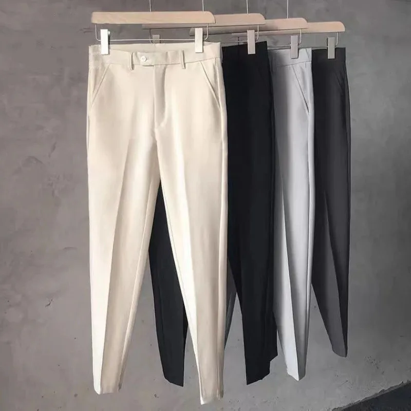 New Men Cropped Straight Trousers Loose The Trend Fashion Male British No Ironing Pure Color Casual Suit Pants