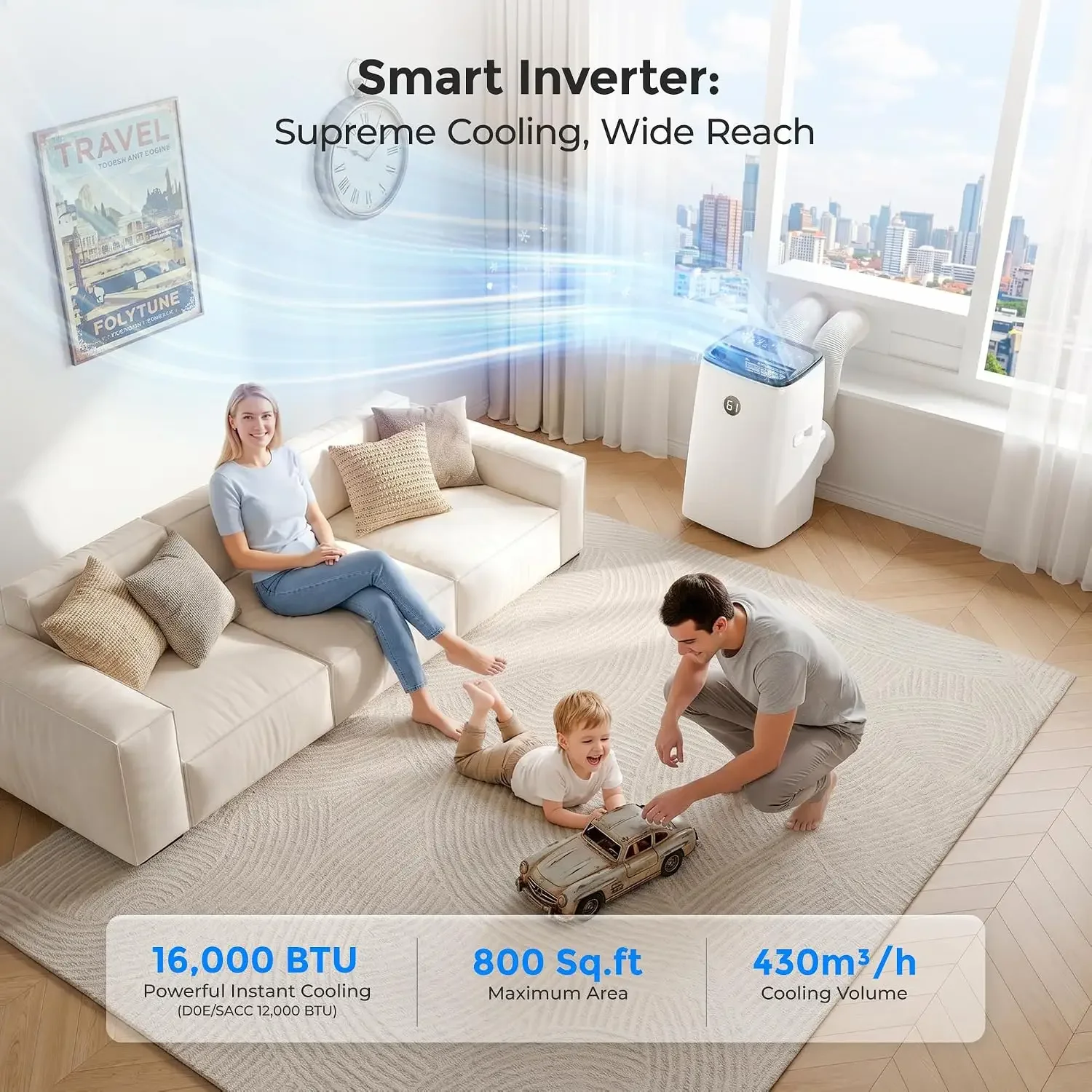 Dual Hose 16000 BTU Inverter Portable Air Conditioner Portable AC Unit for 800 Sq Ft Rooms 42dB Quiet Sleep Mode 3 in 1 Self Evaporating AC with Fan Dehumidifier Window Kit