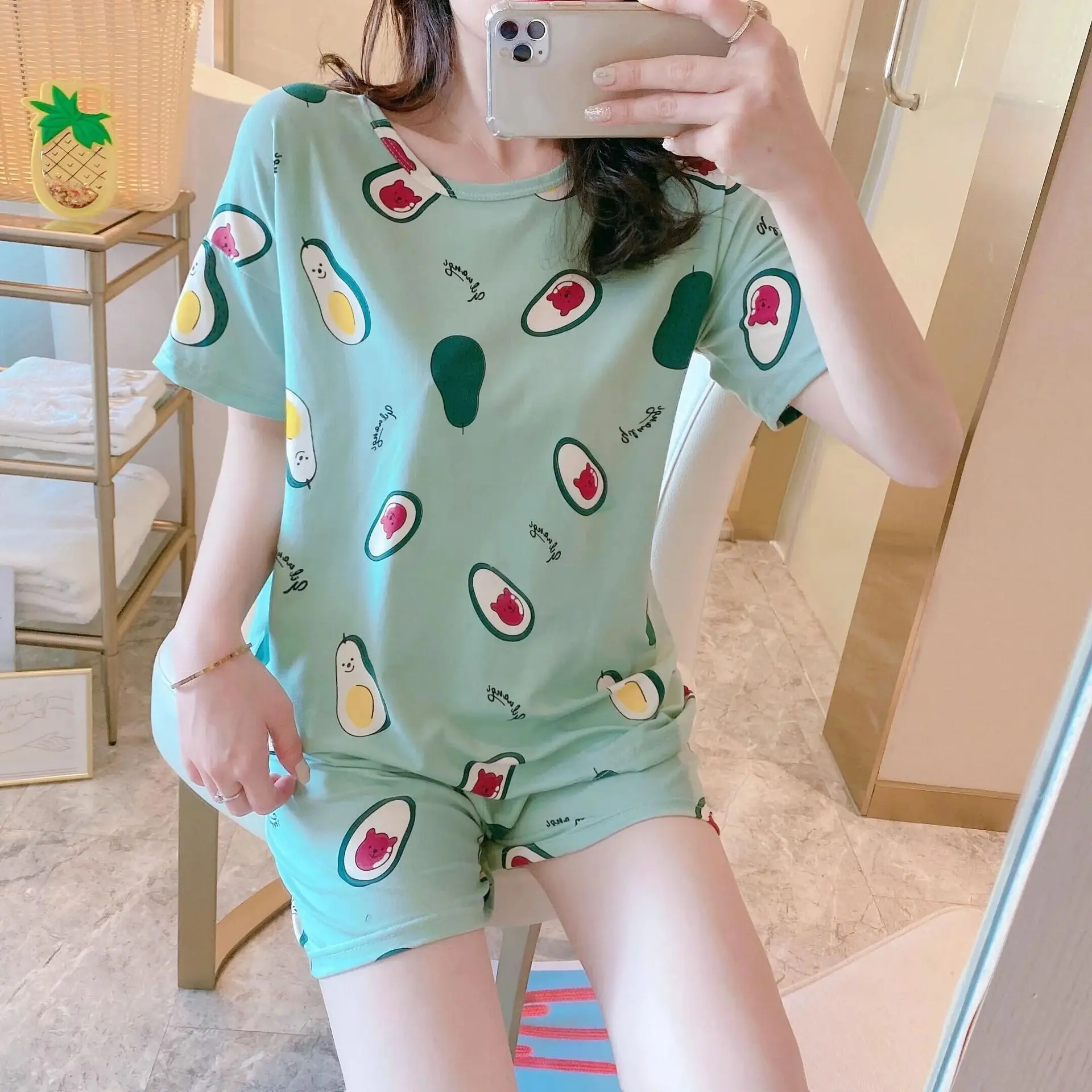 2 Piece Pajama Set Women\'s Shorts Short Sleeve Set Round Neck Pajamas Women\'s Printed Homewear Homewear Clothes Student Pajamas