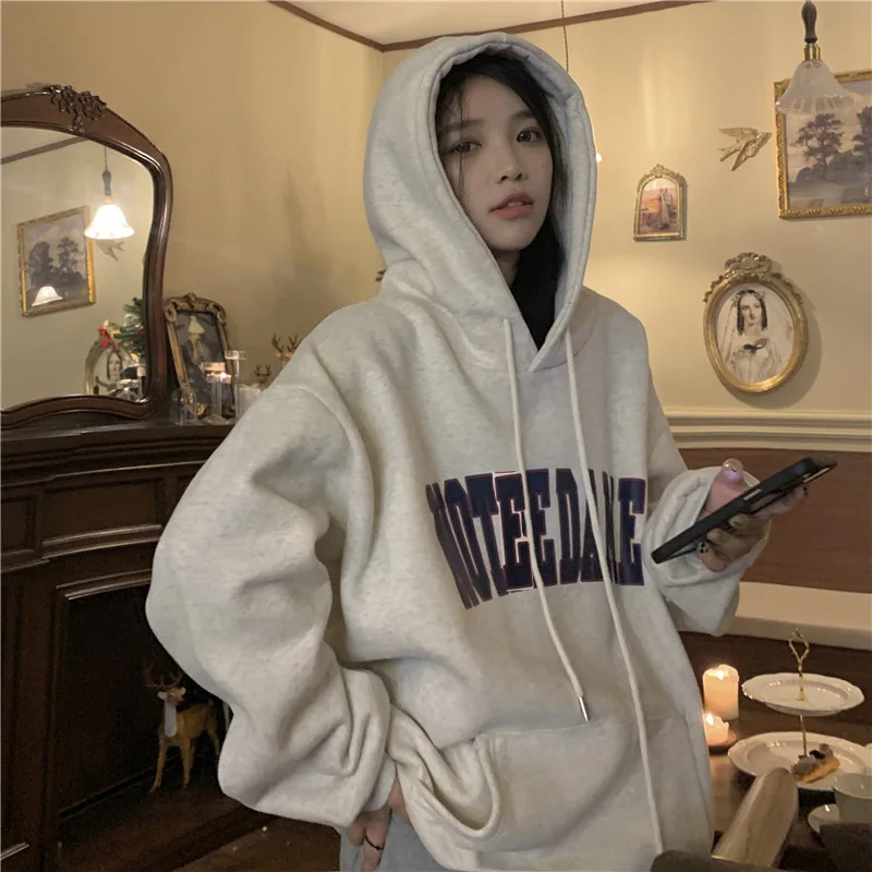 Autumn Women Letter Print Oversized Hoodie Harajuku High Street Loose Hooded Sweatshirt Y2k Clothes Streetwear Pullover Tops