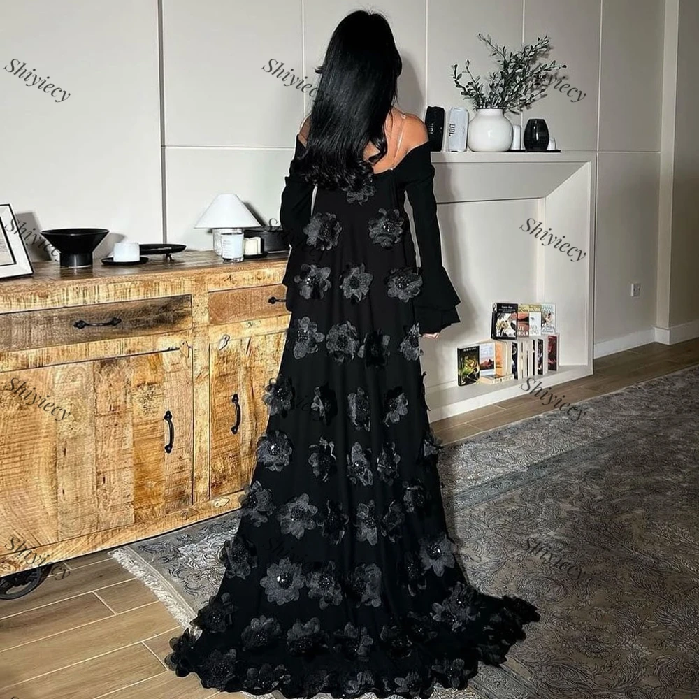 Shiyiecy Black Jersey Prom Dress with 3D Flowers Saudi Arabia Long Sleeves Side Split Evening Dress Formal Occasion Party Gowns