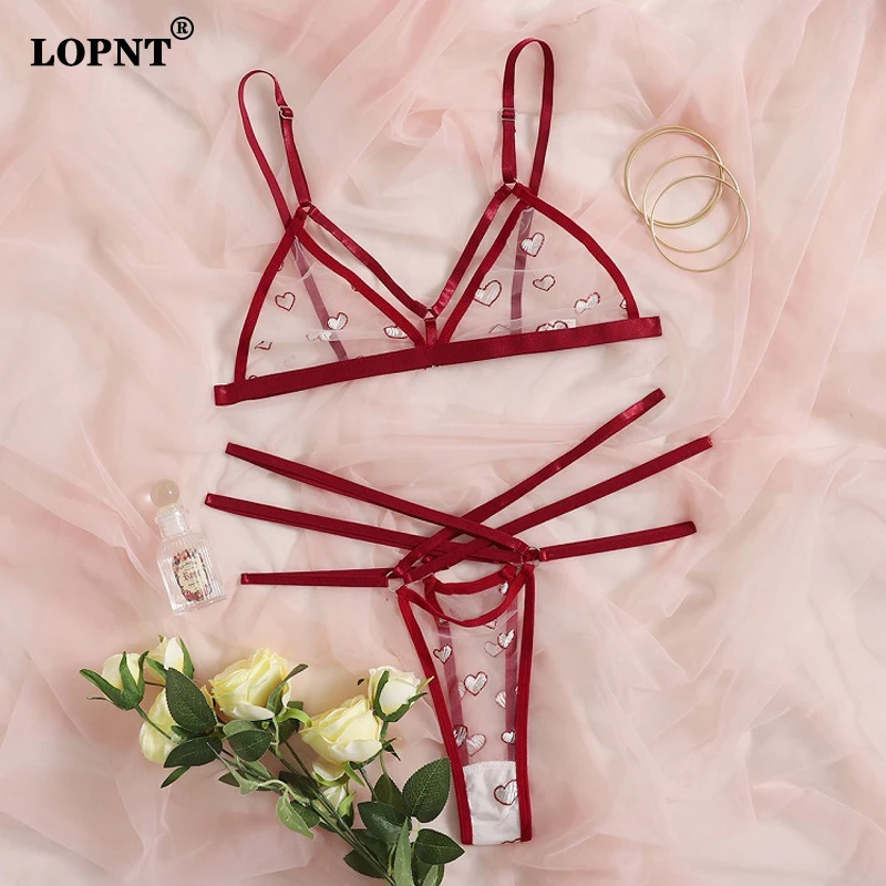 LOPNT Women Love Bra Set Mesh Perspective Three-point Erotic Underwear Female Red Bandage Printing Hollow Sexy Lingerie Suit