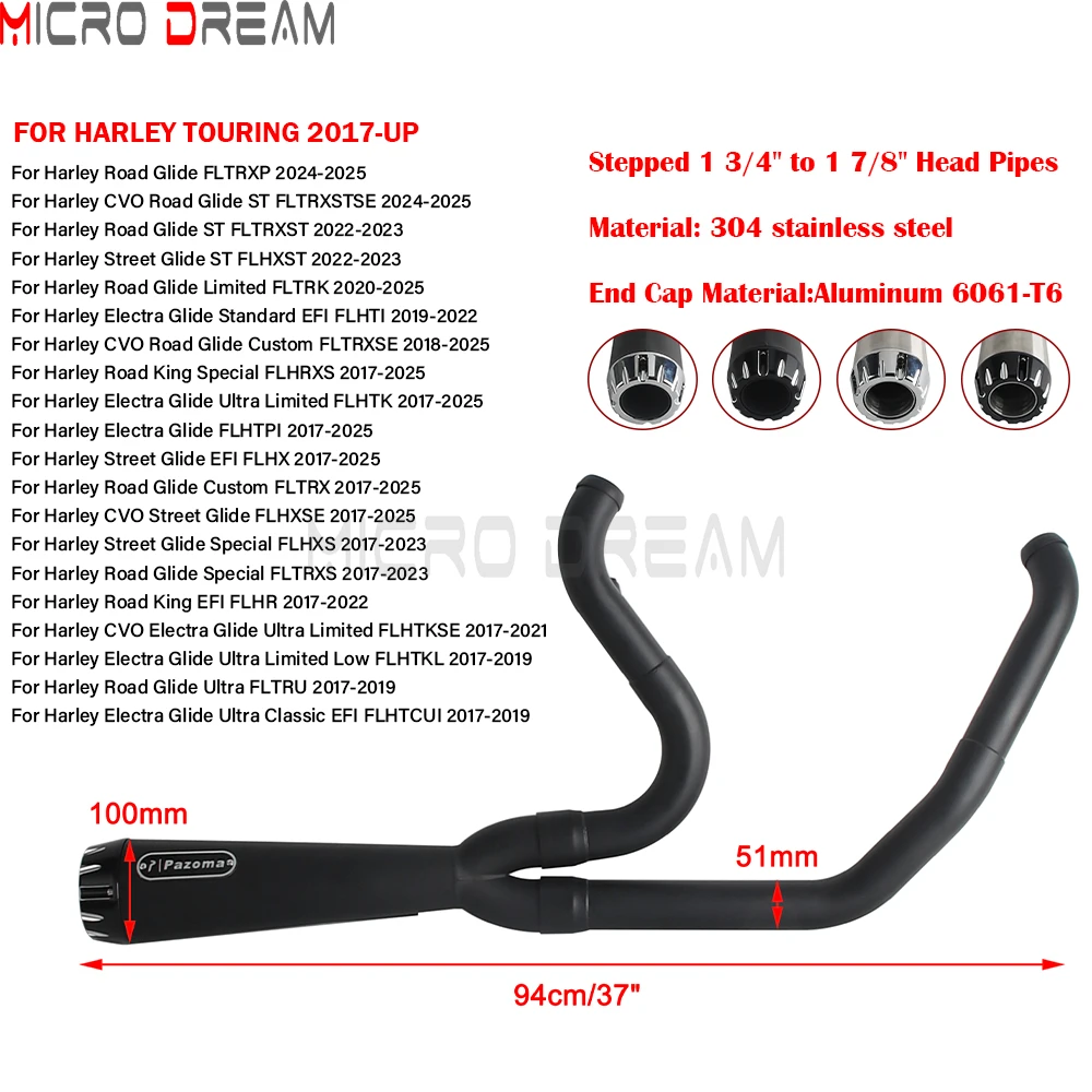 Full Exhaust System Big Bore Stepped Exhaust Muffler Pipe For Harley Touring FLHT FLHR FLHX FLTRX FLTRU Modified 2-in-1 Mufflers