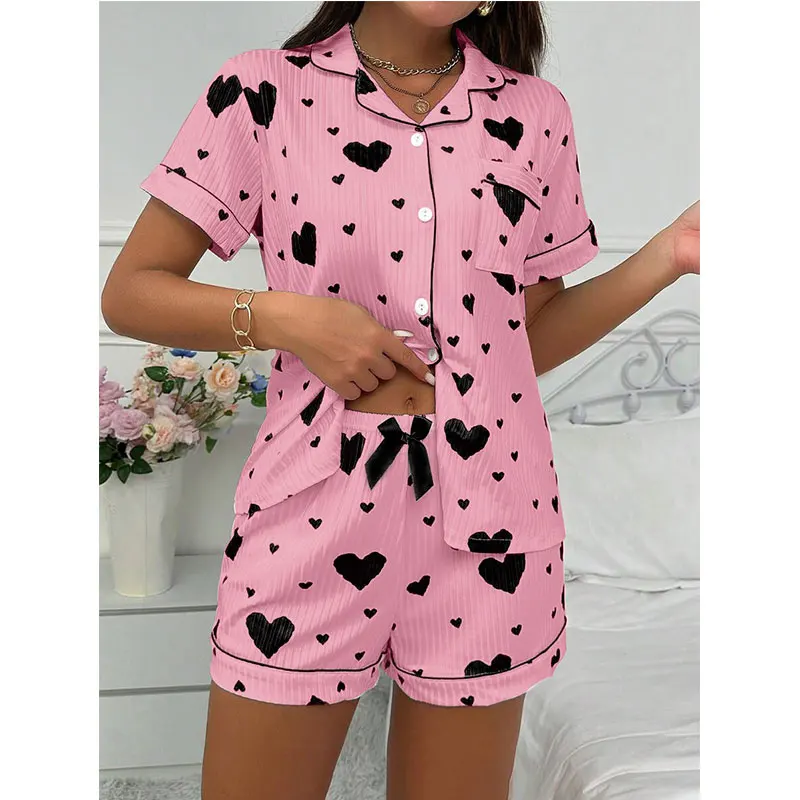 Heart Printed Pajama Set Casual Short Sleeve Button Lapel Top And Elastic Shorts Women's Pajama Breathable Soft Pajamas