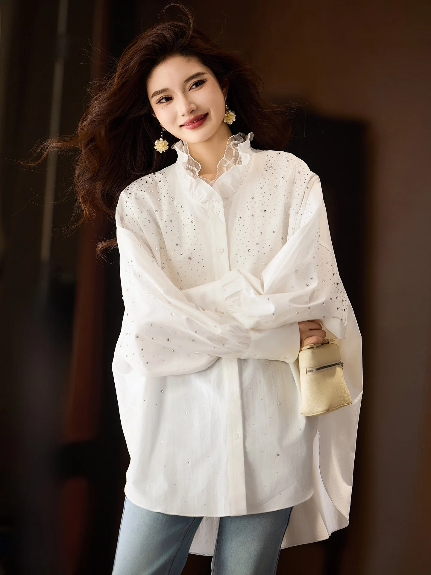 

Street Sle Mid-Length irt for Women Summer New Arrival Splice Diamond Embellied Cotton Straight Cut Long Sve irt