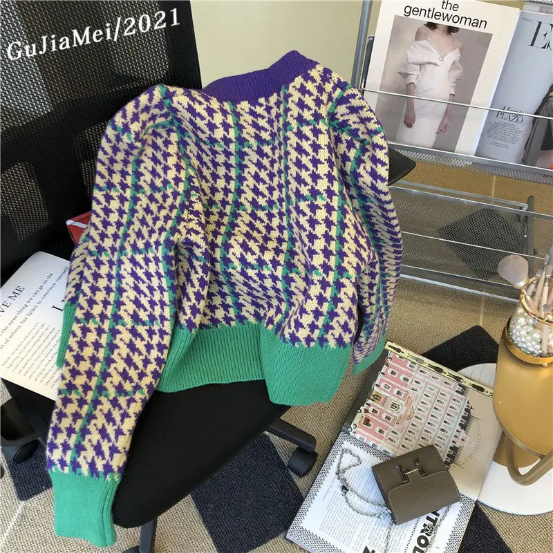 女性のための千の鳥のニットカーディガン,レトロなショートセーター,ヨーロッパの商品,秋と冬のトップス,ラウンドネック,新しいファッションアイテム,2023