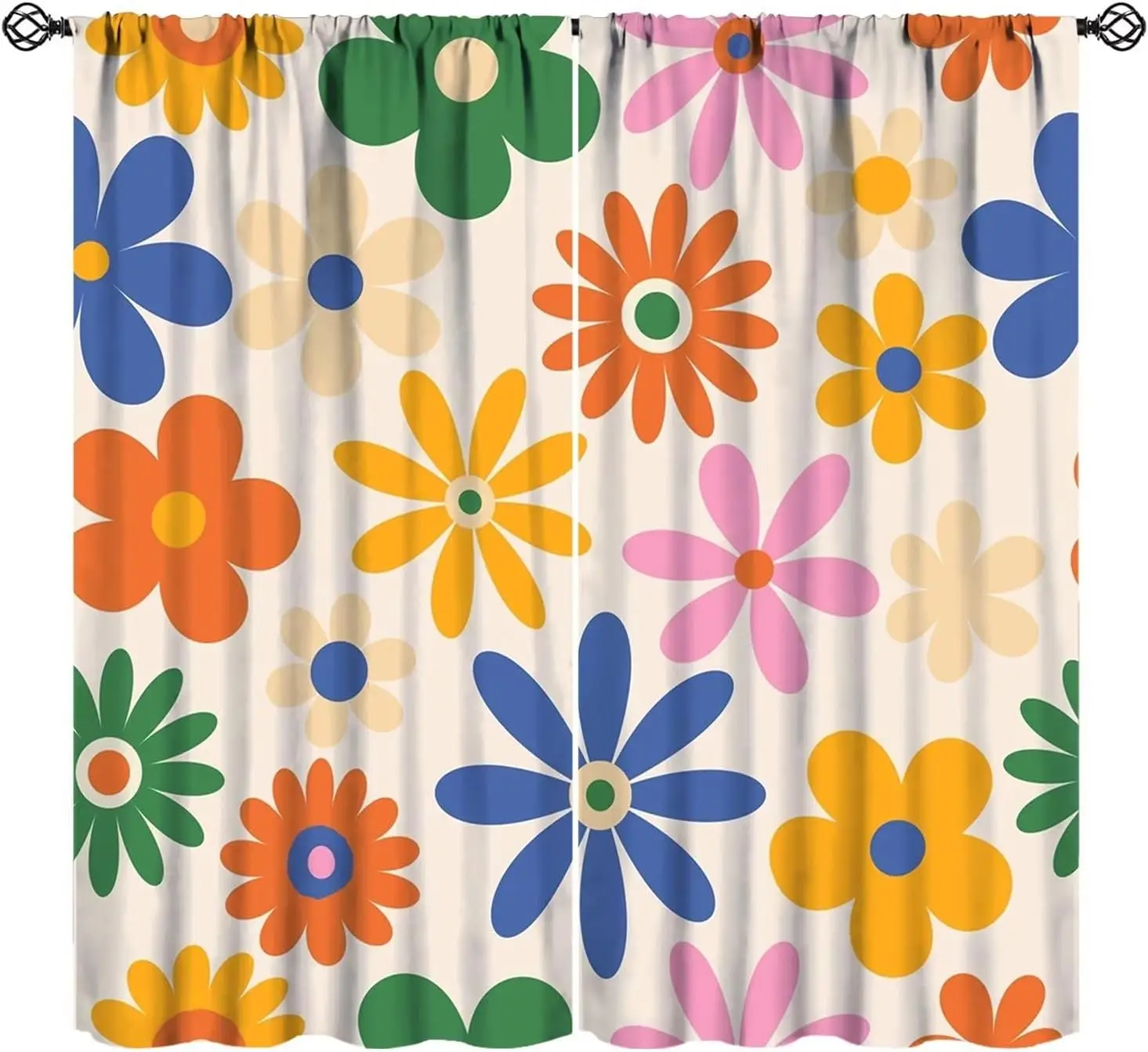 Cute Retro Flower Curtains,60s 70s Vintage Daisy Boho Funky Hippie Colorful Floral Room Darkening Door Window Rod Pocket Curtain