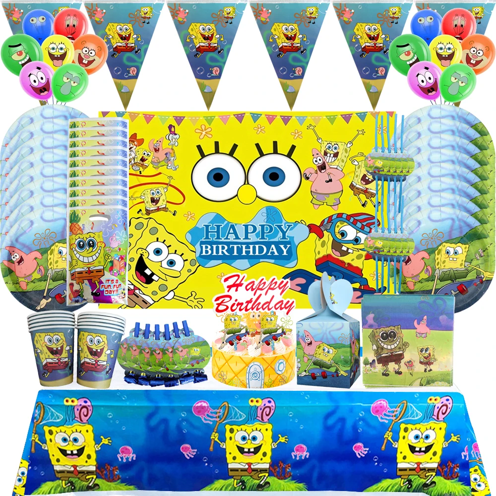 Juego de decoración de Bob Esponja para fiesta de cumpleaños, juego de globos, vajilla desechable, taza, cuchillo, tenedor, suministros para Baby