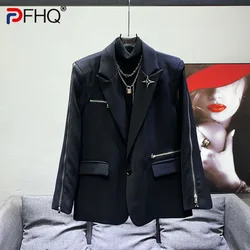 PFHQ Loose Fitting Suit Jackets For Men's Zipper Shoulder Pad Haute Quality Single Button Autumn Chic Silhouette Blazer 21Z2982