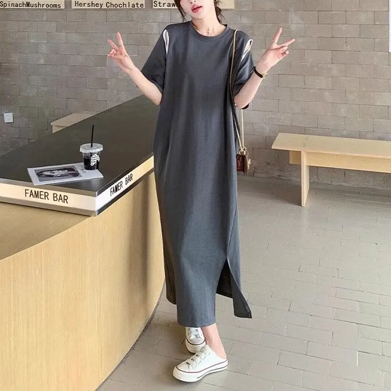 Casual Loose Solid Color Dresses 2024 Summer Short Sleeve Stylish Hollow Out Women\'s Clothing Round Neck Korean Split Long Dress