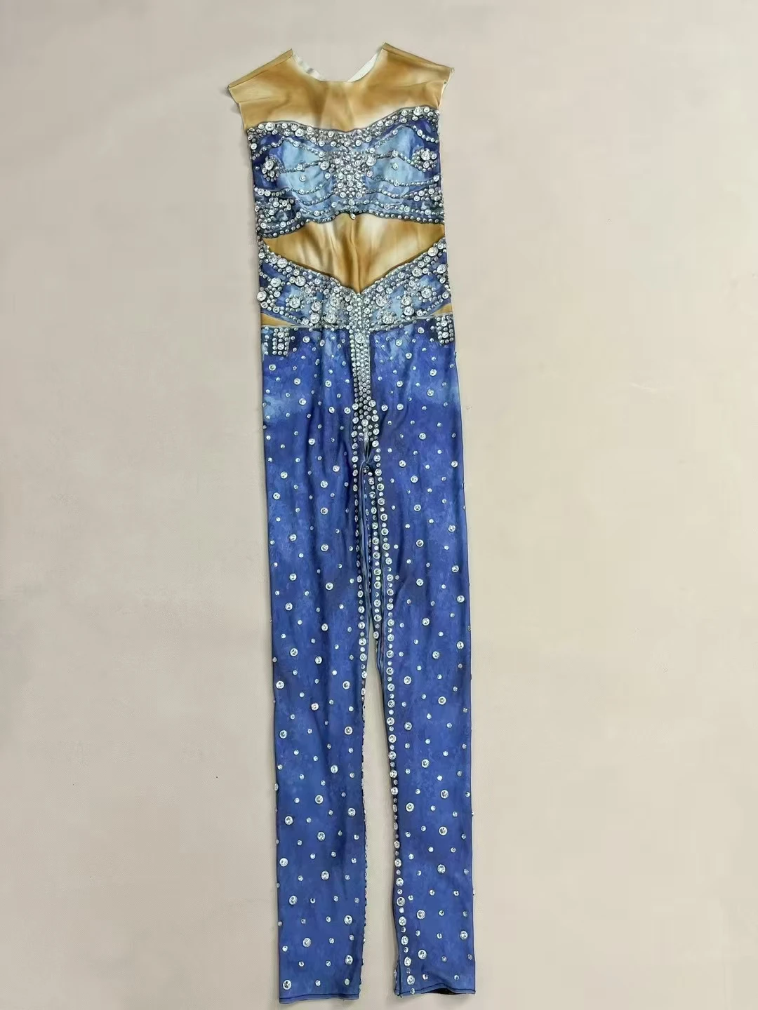 ジーンズ柄プリントノースリーブジャンプスーツナイトクラブ歌手ステージパフォーマンス服クリスタルレオタードハロウィンコスプレ衣装
