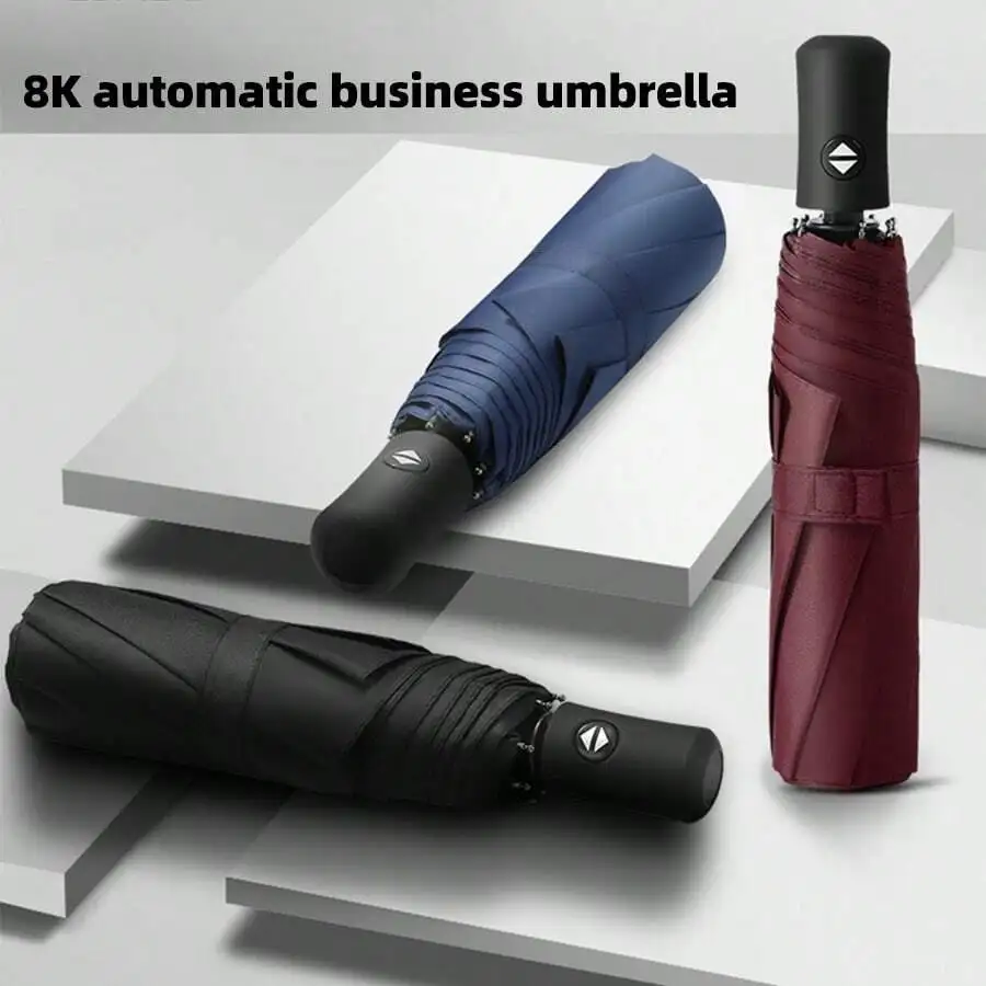 Fully Automatic Open Umbrella, One-Button Open, Suitable For Sunny And Rainy Days, 8 Ribs, Solid Color Business Umbrella, Black Coating UPF50+, Sun-Blocking Umbrella, Triple Folding Umbrella, Solid Co image 2
