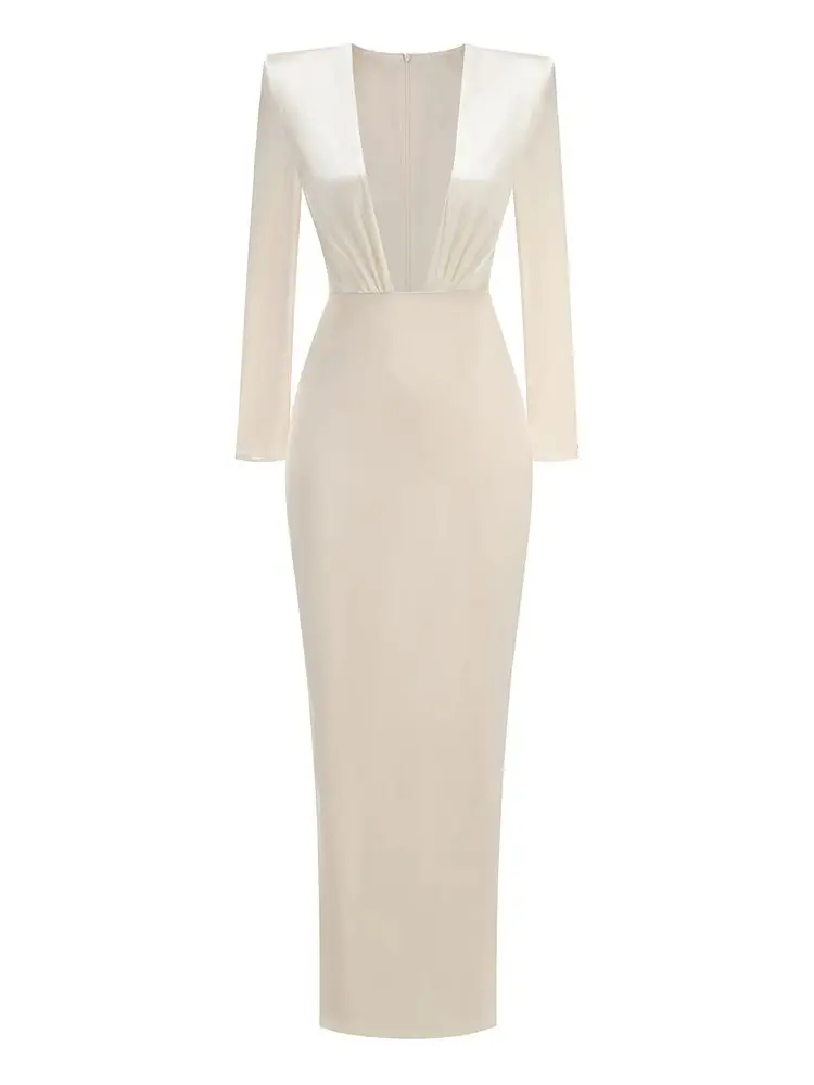 INS nieuwe 2025, vrouwen sexy backless beige lange jurk high street satijnen feestjurk vestido