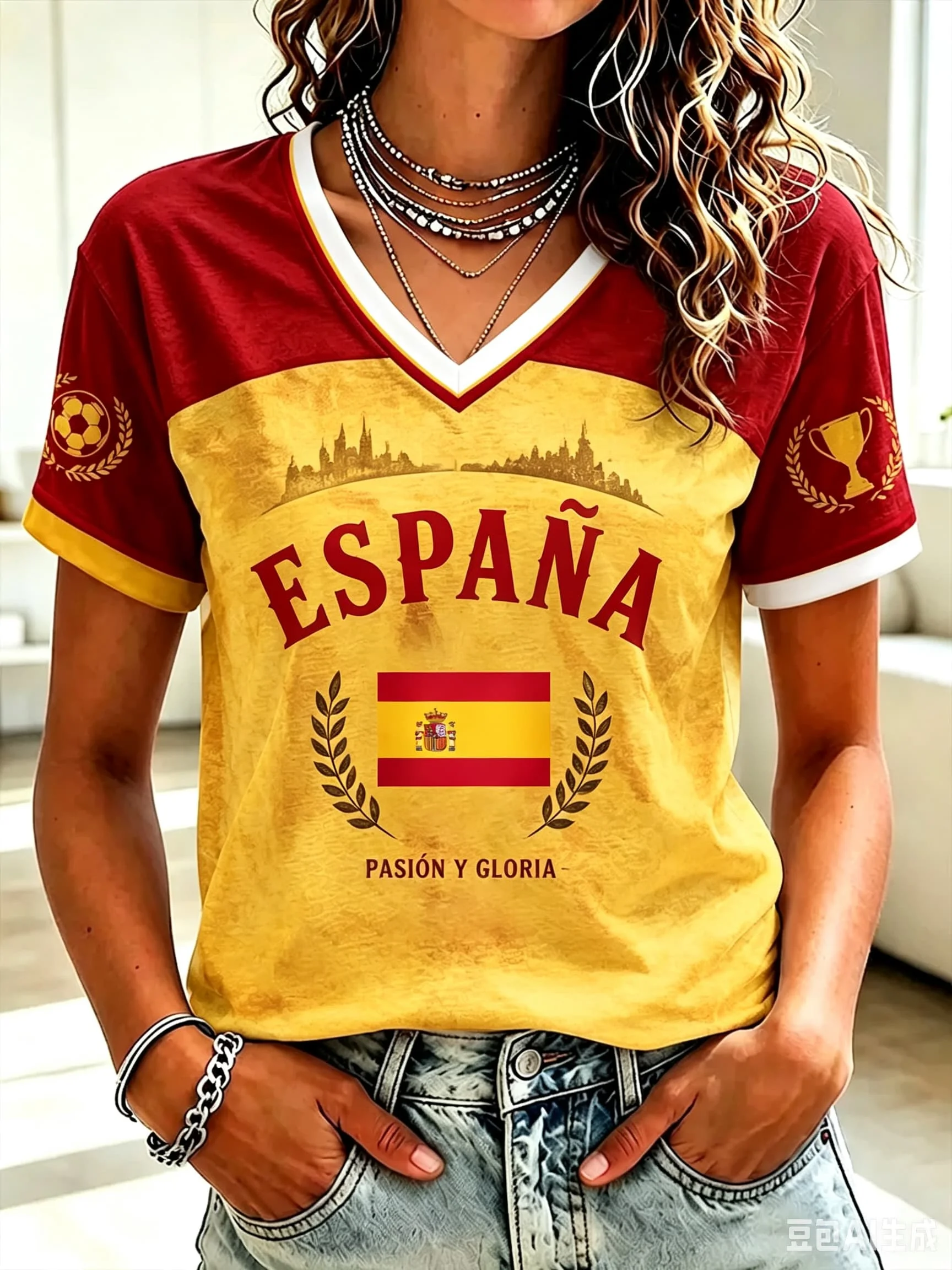 New Womens Spain V Neck Football Jersey España Letter Spanish National Crest Short Sleeve Soccer Fan Casual Sports T-shirt Tee