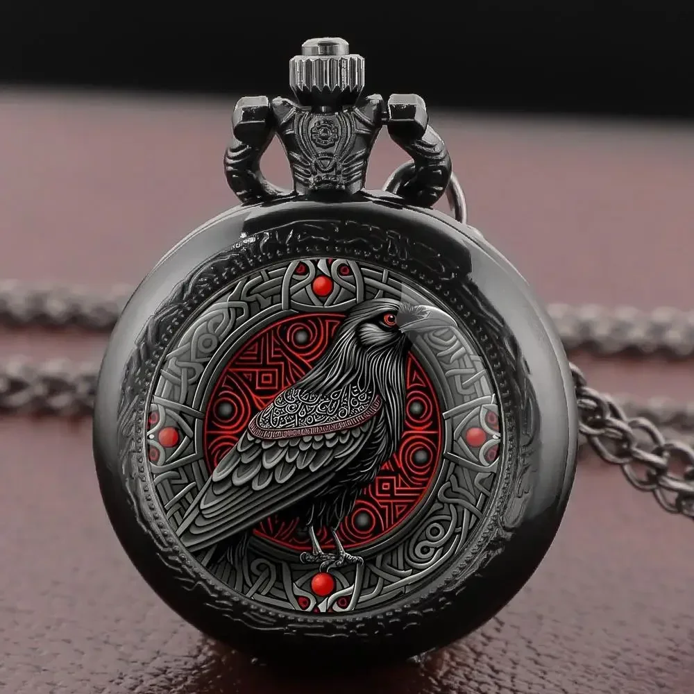 Gothic Style Raven Pocket Watch Retro Black Quartz Pocket Watch Necklace Chain Antique Crow Theme Collectible Souvenir Gift