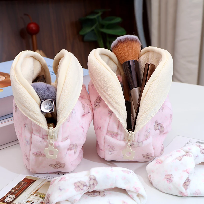 Cute Plush Bear Print Bowknot Round Makeup Bag, Soft Cosmetic Pouch Portable Travel Toiletry Storage Bag for Women Girls
