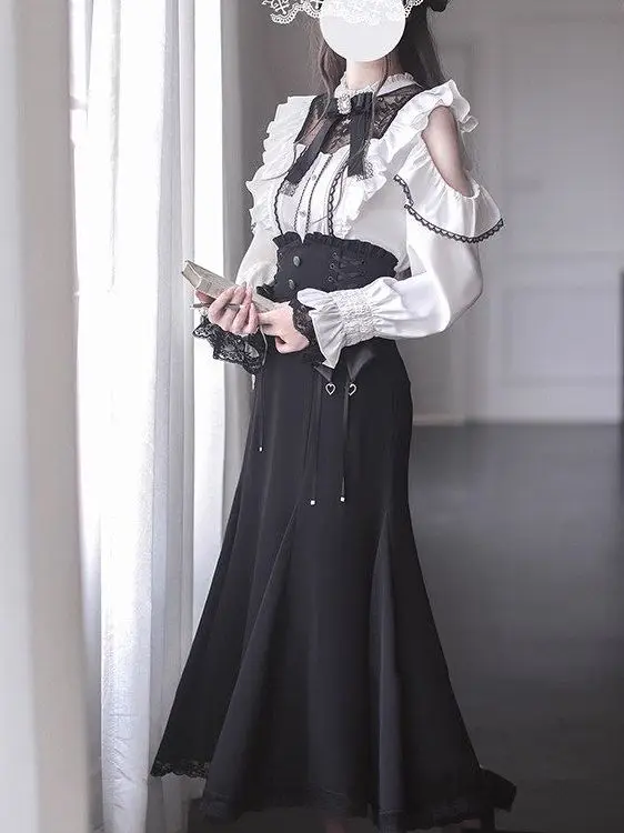 Elegant Sweet Japanese Style Two-Piece Set with Lace Top And Fish Tail Skirt for Autumn Winter High Waist Universal Fit