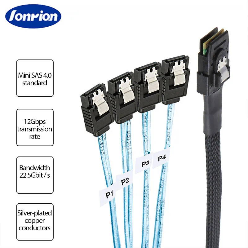 SAS SATA 케이블 미니 SAS SFF-8087 to 4 SATA 케이블, 미니 SAS 4i SFF8087, 36P to 4 SATA 7P 케이블, 12Gbps, 1/0 M 하드 드라이브 데이터