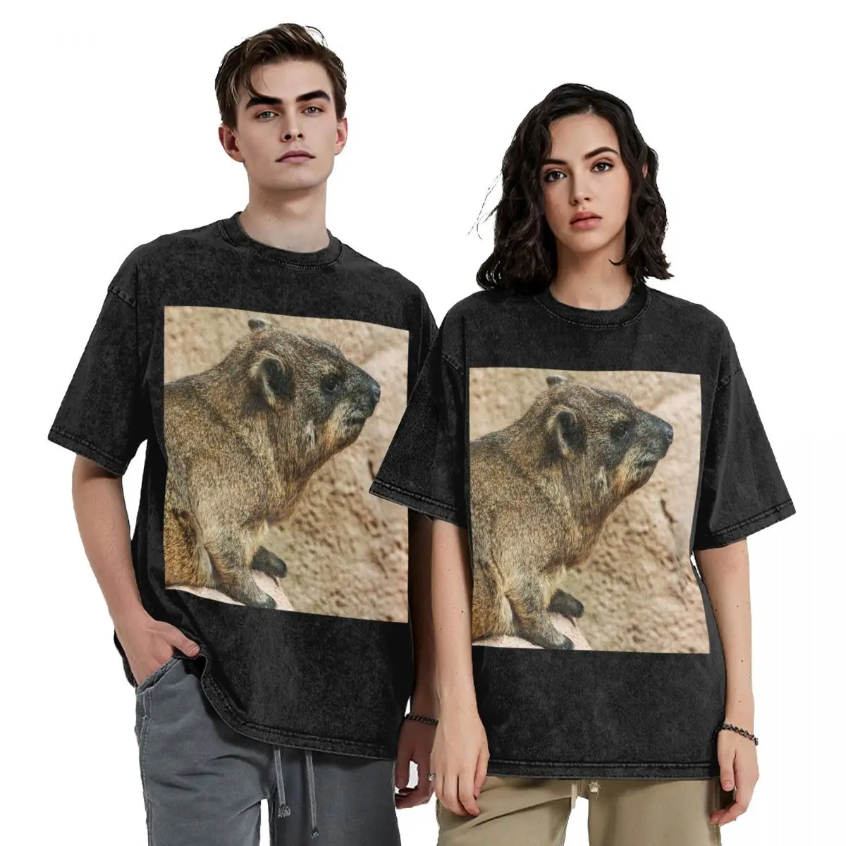Rock Hyrax Hip Hop Short Sleeve T-Shirts Washed Tops Tees Streetwear T Shirt Cotton for Men Women