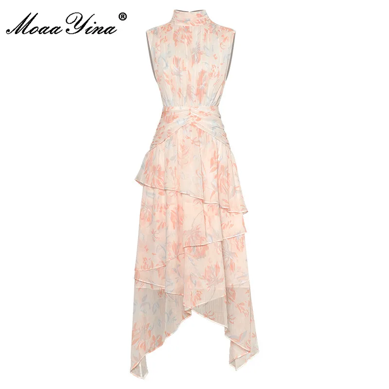 

MoaaYina New Fashion Designer Summer Women's Stand Collar Sleeveless Fold Printing Waist Tuck High Quality Dress