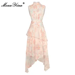 MoaaYina New Fashion Designer Summer Women's Stand Collar Sleeveless Fold Printing Waist Tuck High Quality Dress