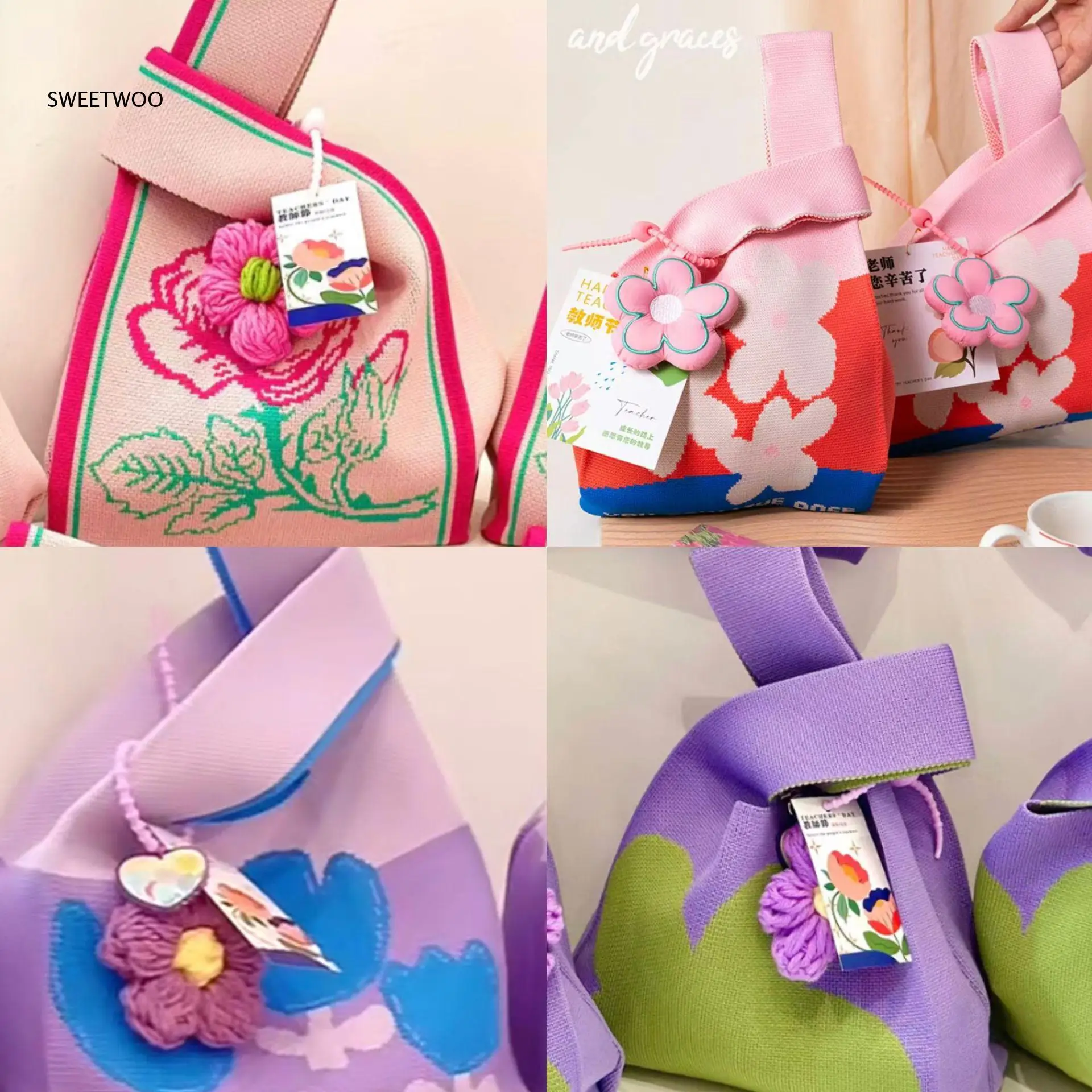 2026 Floral Heart Check Knit Mini Tote Bag Soft Stretch Yarn Lightweight Street Trend Student Daily Women Hand Purse
