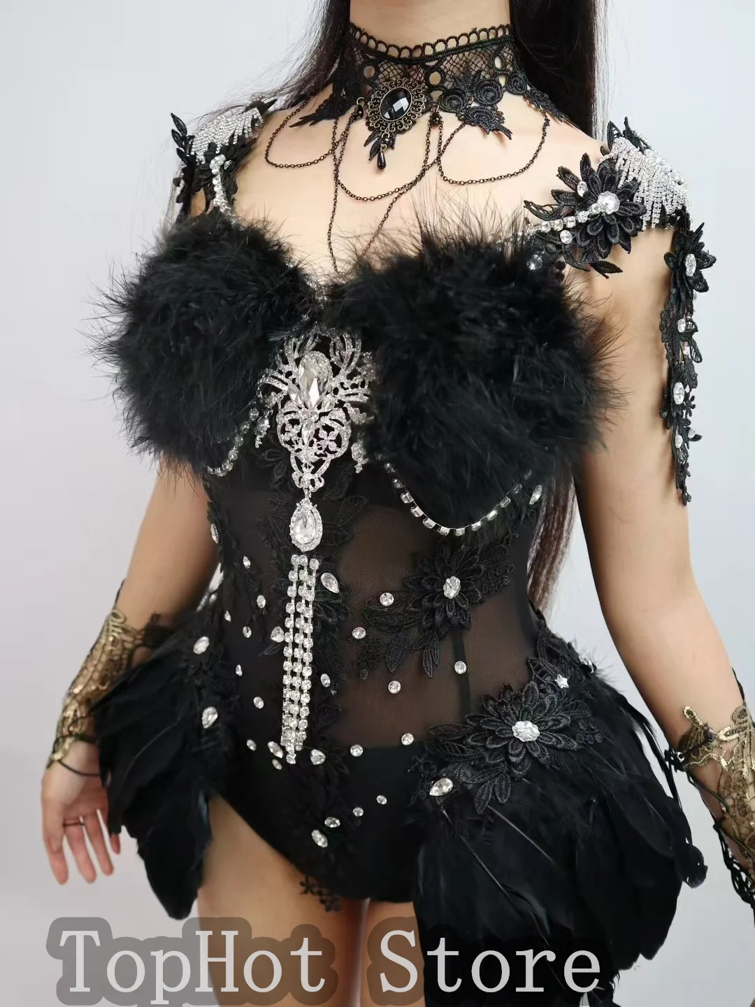 Vrouwen Zanger Danser Nachtclub Gogo Dans Kostuum Zwarte Veer Transparant Kant Bodysuit Sexy Stadium Slijtage Club Party Prestaties