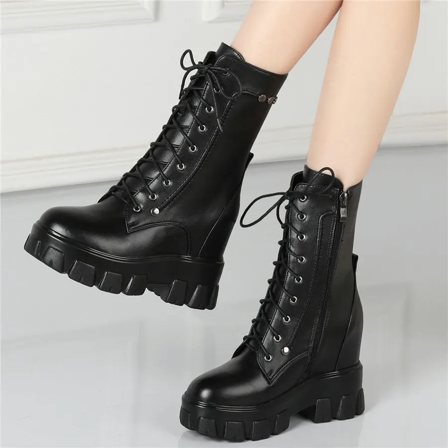 

Platform Pumps Shoes Women Lace Up Genuine Leather High Heel Ankle Boots Female High Top Round Toe Fashion Sneakers Casual Shoes