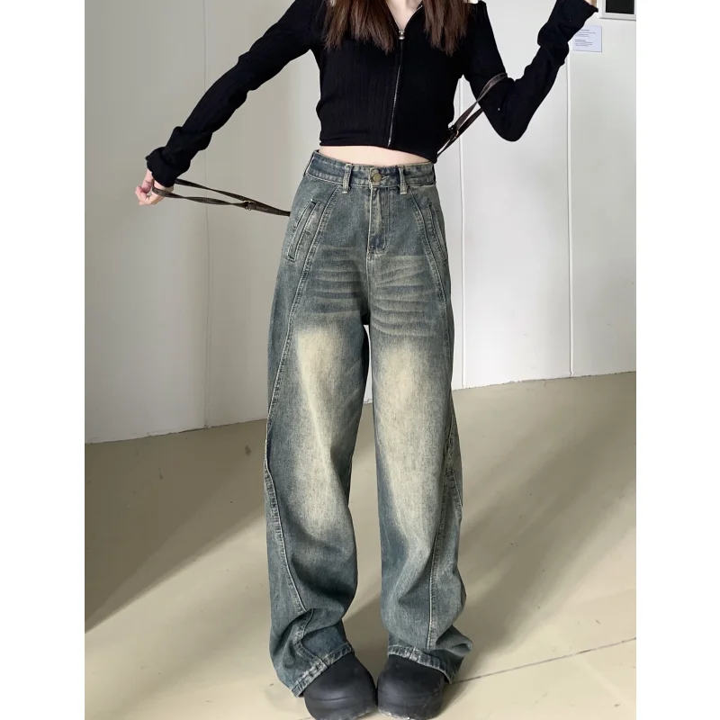 

Women' Bottoms Vintage Blue High Waist Jeans Casual Straight Wide Leg Pants High Street Female 2024 Baggy Mopping Denim Trouser