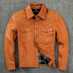 Original Sheepskin Jacket Men Yellow Tanning Sheep Genuine Leahter Motorcycle Coat Slim Fit Short Casual Shirt 6XL