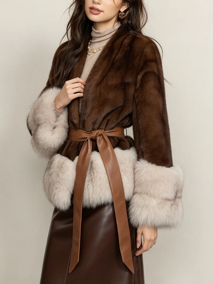 LIMO Women Faux Mink Fur Jacket Belted Waist Fox Fur Cuff Open Front Short Winter Coat