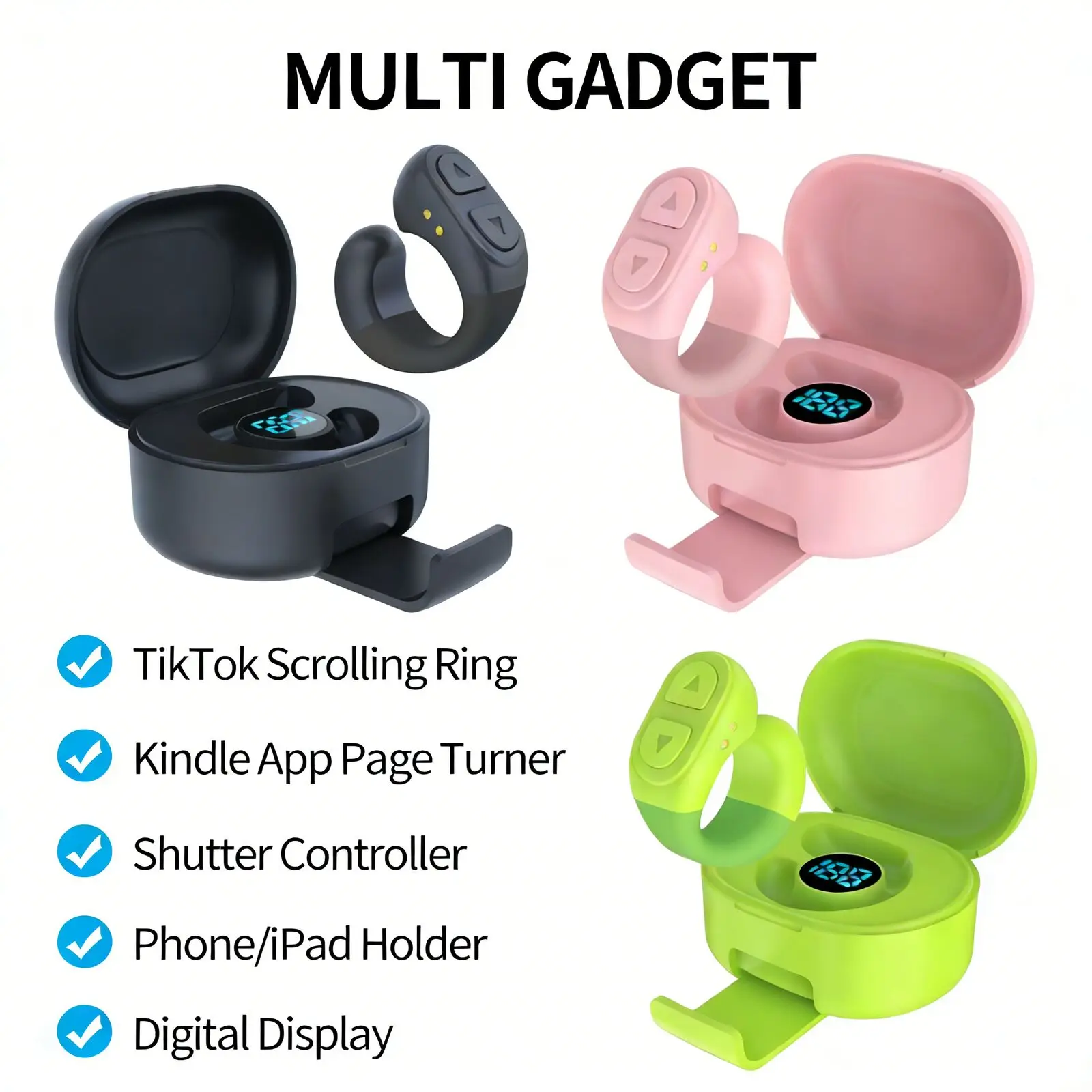 New TikTok Scrolling Fingertip Air Mouse Ring Bluetooth Multi-functional Kindle Page Turner Shutter Controller Phone/iPad Holder