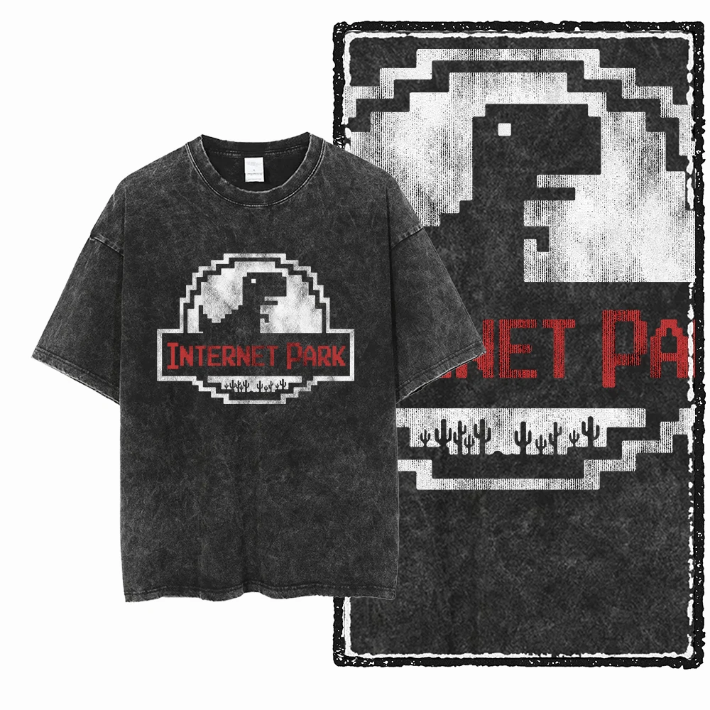 ZH DINO GAME THEME Printed Cotton Acid Washed Exclusive Graphic Unisex T Shirt Cool Streetwear Men Tshirts Big Size Tee for men image 6
